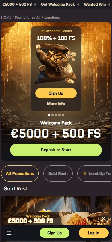 Wanted Win Casino mobile browser promotions area with free spins and bonus offers