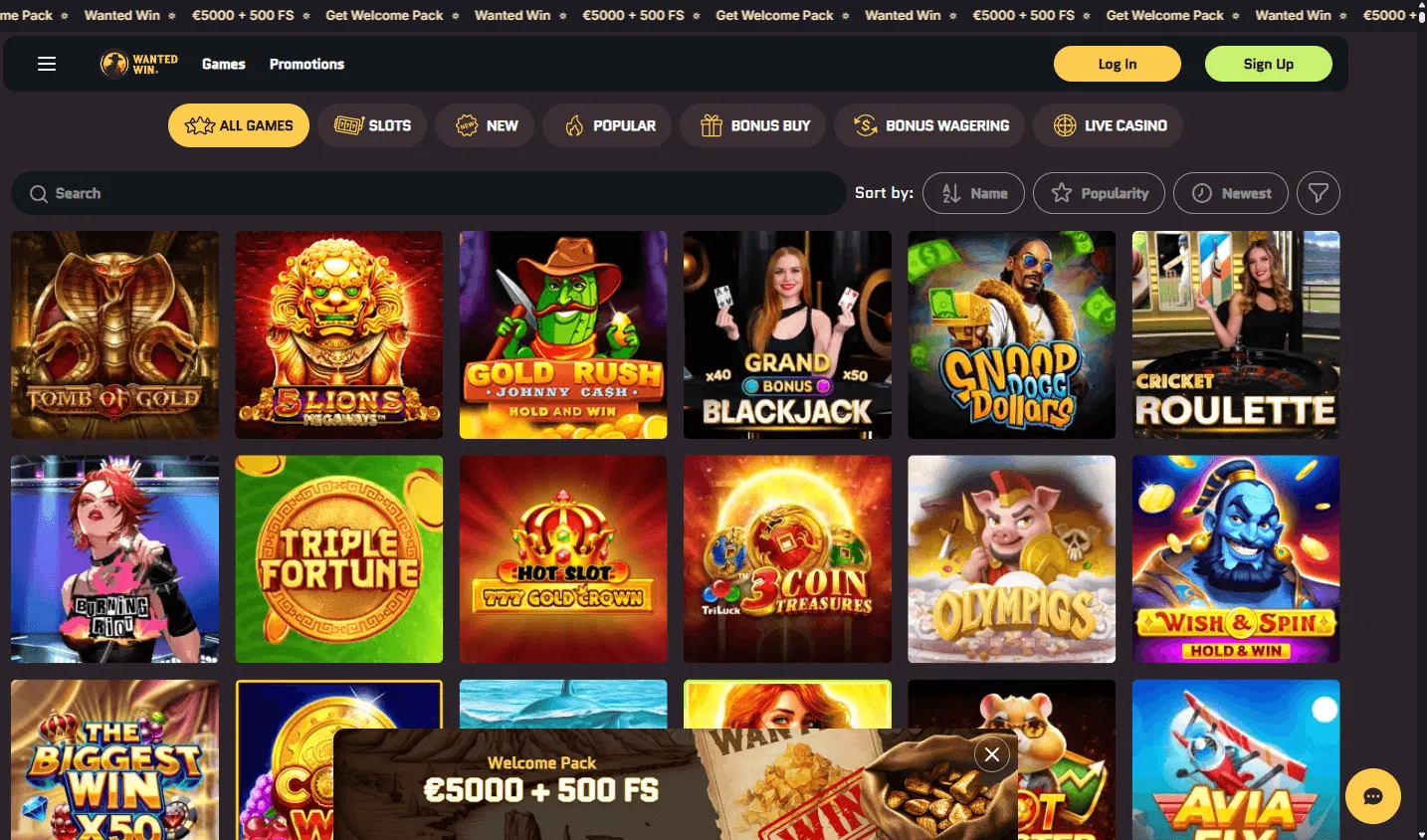 Wanted Win Casino desktop games area with pokies and live casino categories