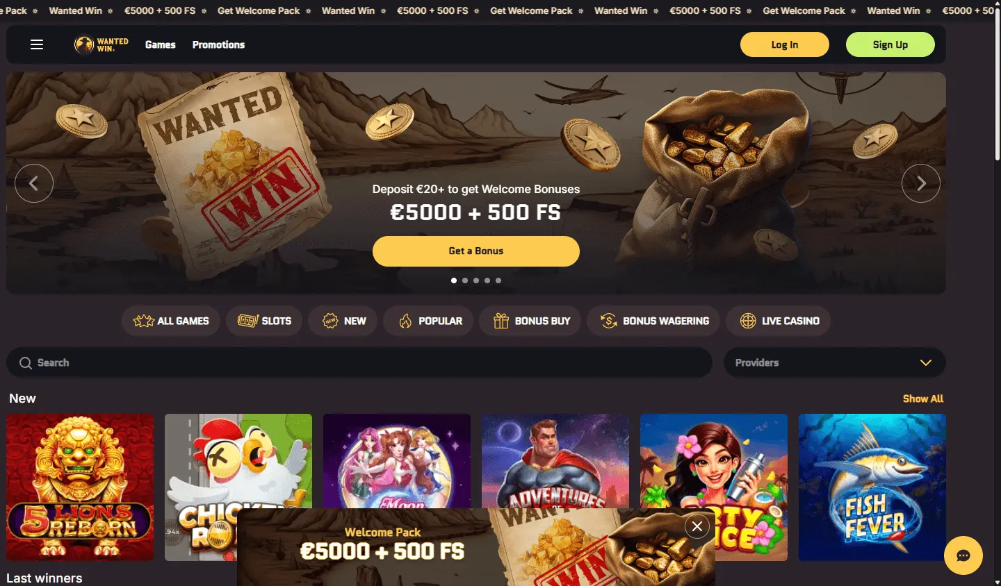 Wanted Win Casino desktop home interface with casino access and account features