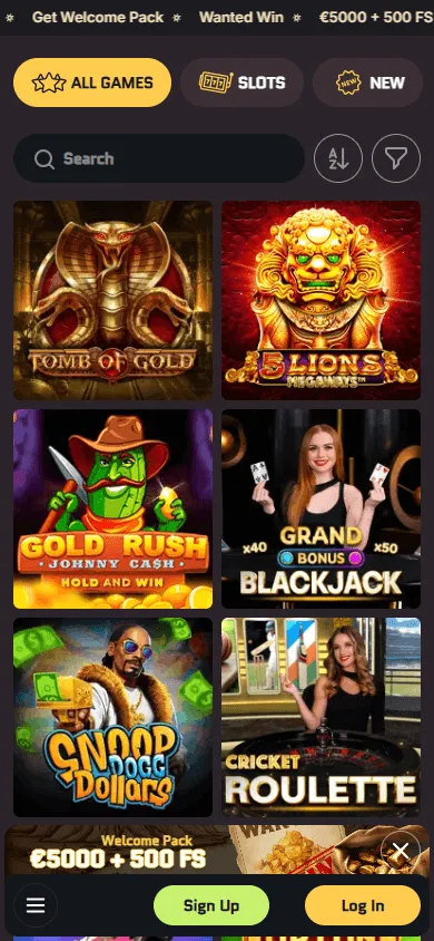 Wanted Win Casino mobile browser games area with casino categories