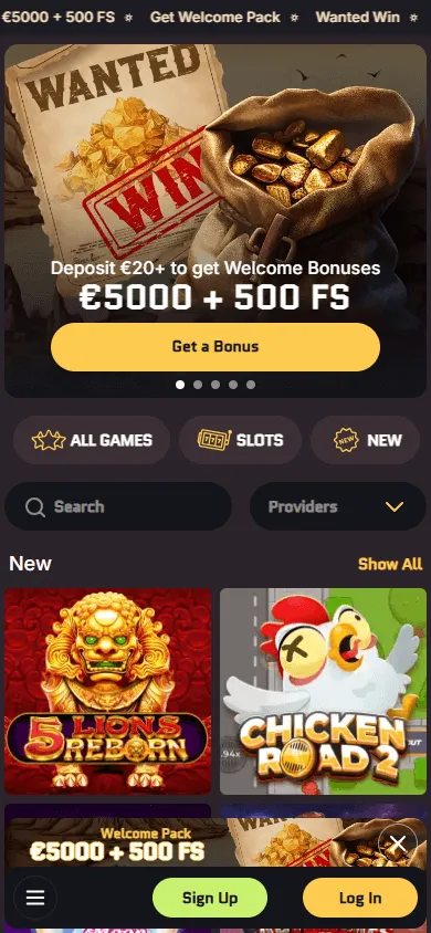 Wanted Win Casino mobile browser home interface on a smartphone