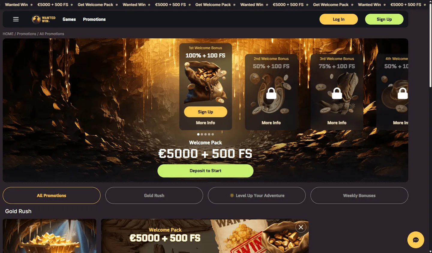 Wanted Win Casino desktop promotions area with welcome and ongoing offers